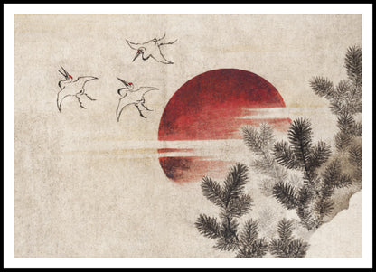 Plakat  Ptaki i Zachód Słońca Katsushika Hokusai Vintage do Salonu