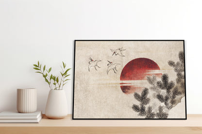 Plakat  Ptaki i Zachód Słońca Katsushika Hokusai Vintage do Salonu