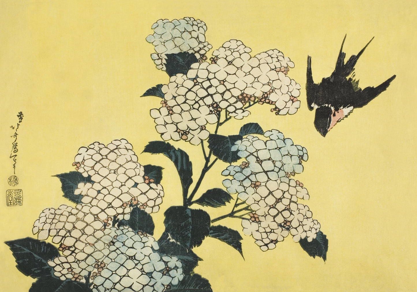 Plakat  Hydrangea and Swallow, Hokusai Japoński Vintage do Salonu
