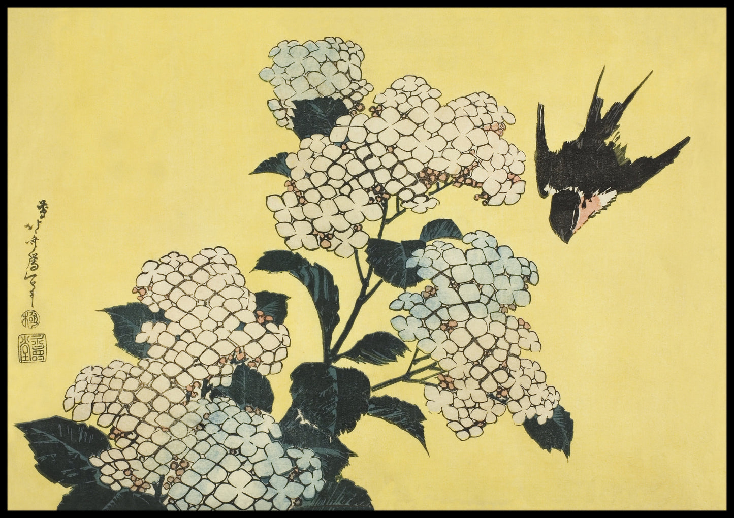 Plakat  Hydrangea and Swallow, Hokusai Japoński Vintage do Salonu