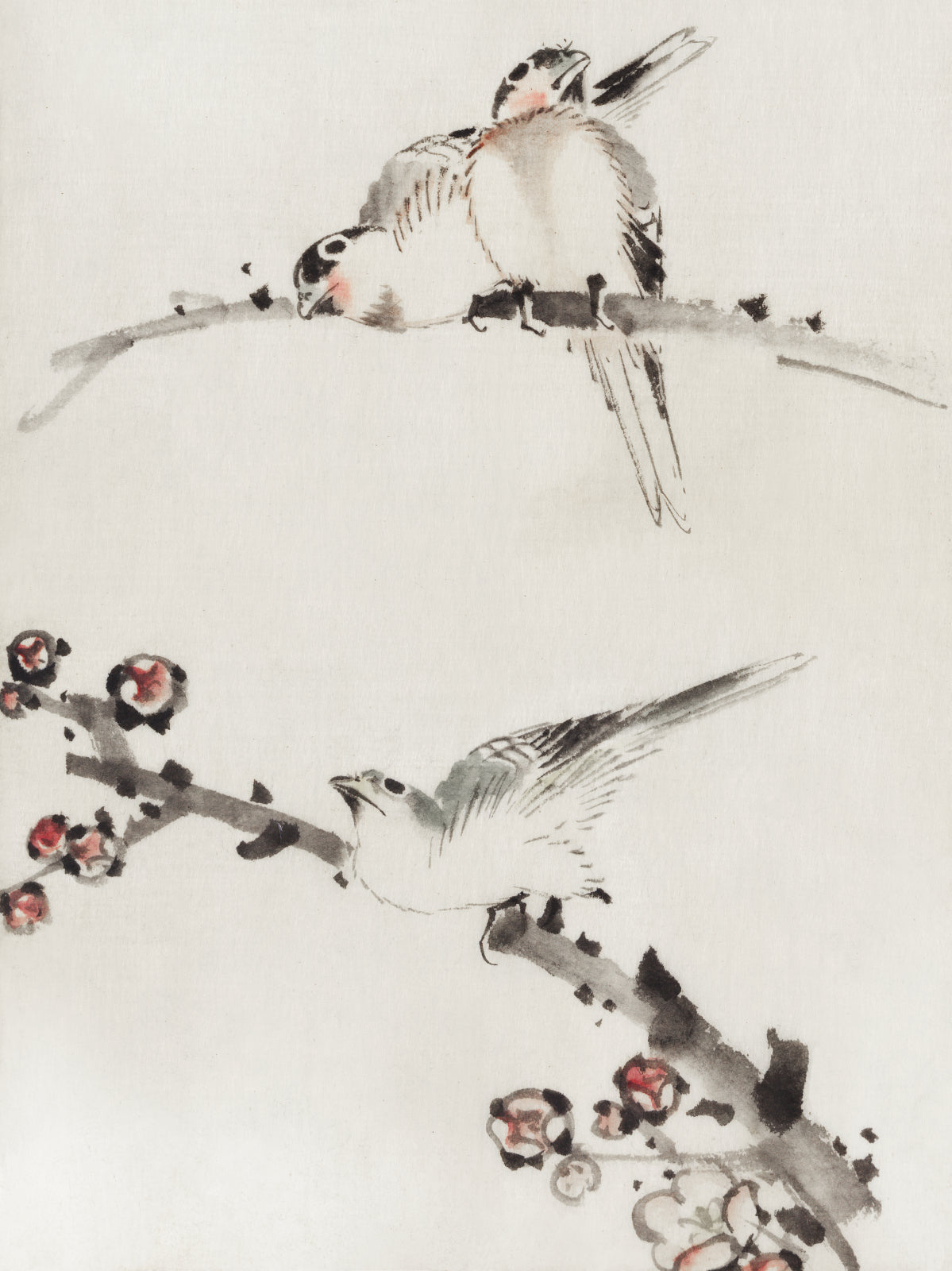 Plakat  Three Birds Perched on Branches, Hokusai Vintage do Salonu