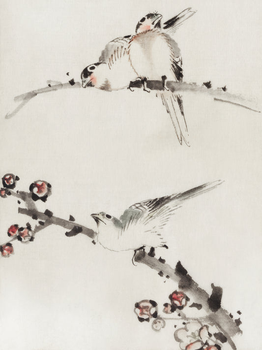 Plakat  Three Birds Perched on Branches, Hokusai Vintage do Salonu
