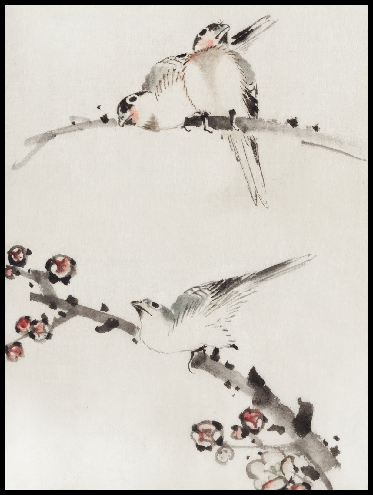 Plakat  Three Birds Perched on Branches, Hokusai Vintage do Salonu