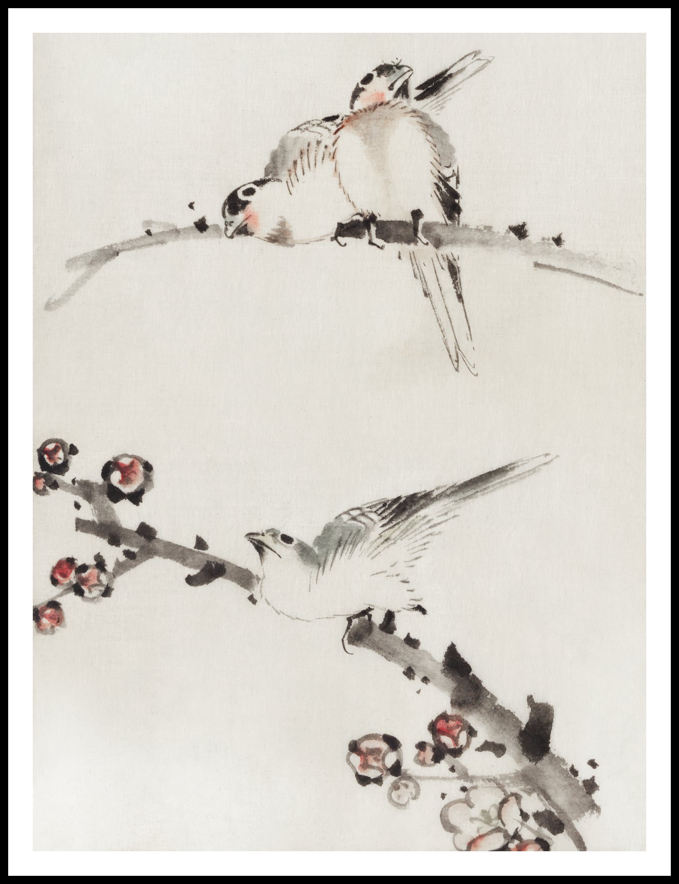 Plakat  Three Birds Perched on Branches, Hokusai Vintage do Salonu