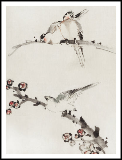Plakat  Three Birds Perched on Branches, Hokusai Vintage do Salonu