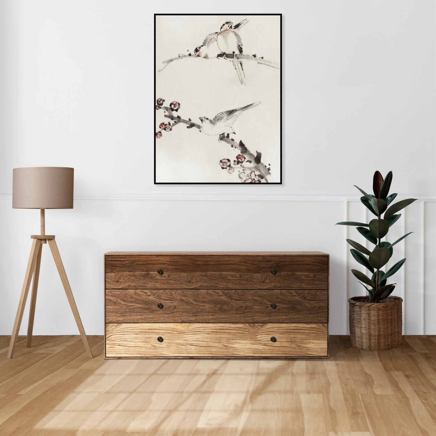 Plakat  Three Birds Perched on Branches, Hokusai Vintage do Salonu