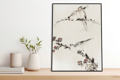 Plakat  Three Birds Perched on Branches, Hokusai Vintage do Salonu