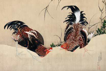 Plakat   Gamecocks, Hokusai Japoński Vintage do Salonu