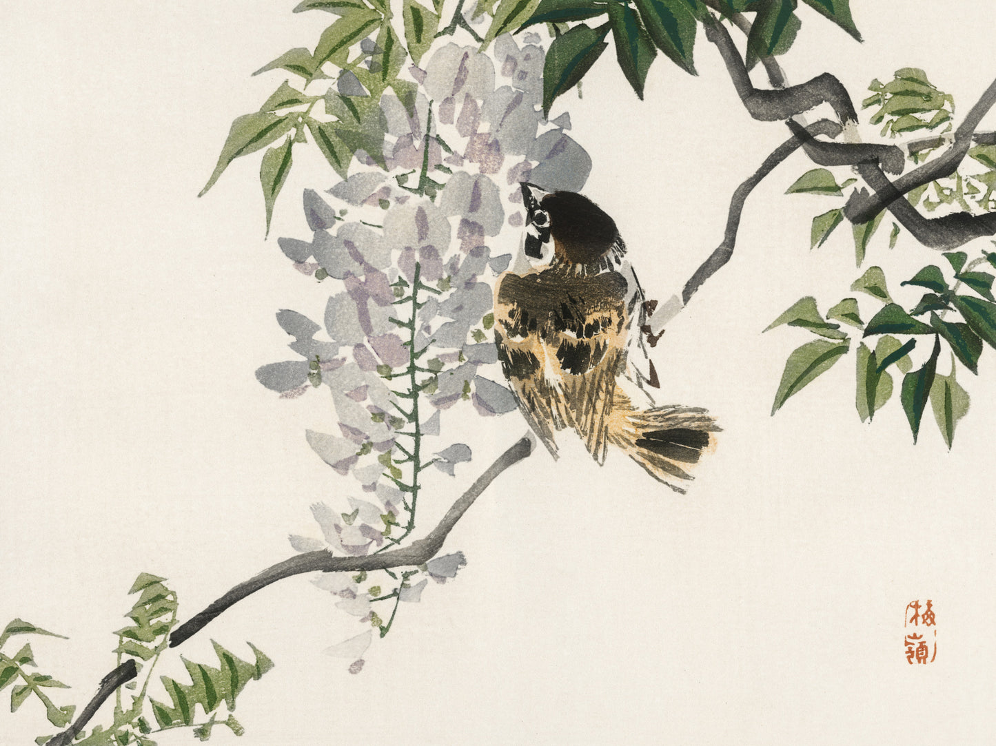 Plakat  Sparrow on a Branch, Kōno Bairei Japoński Vintage do Salonu