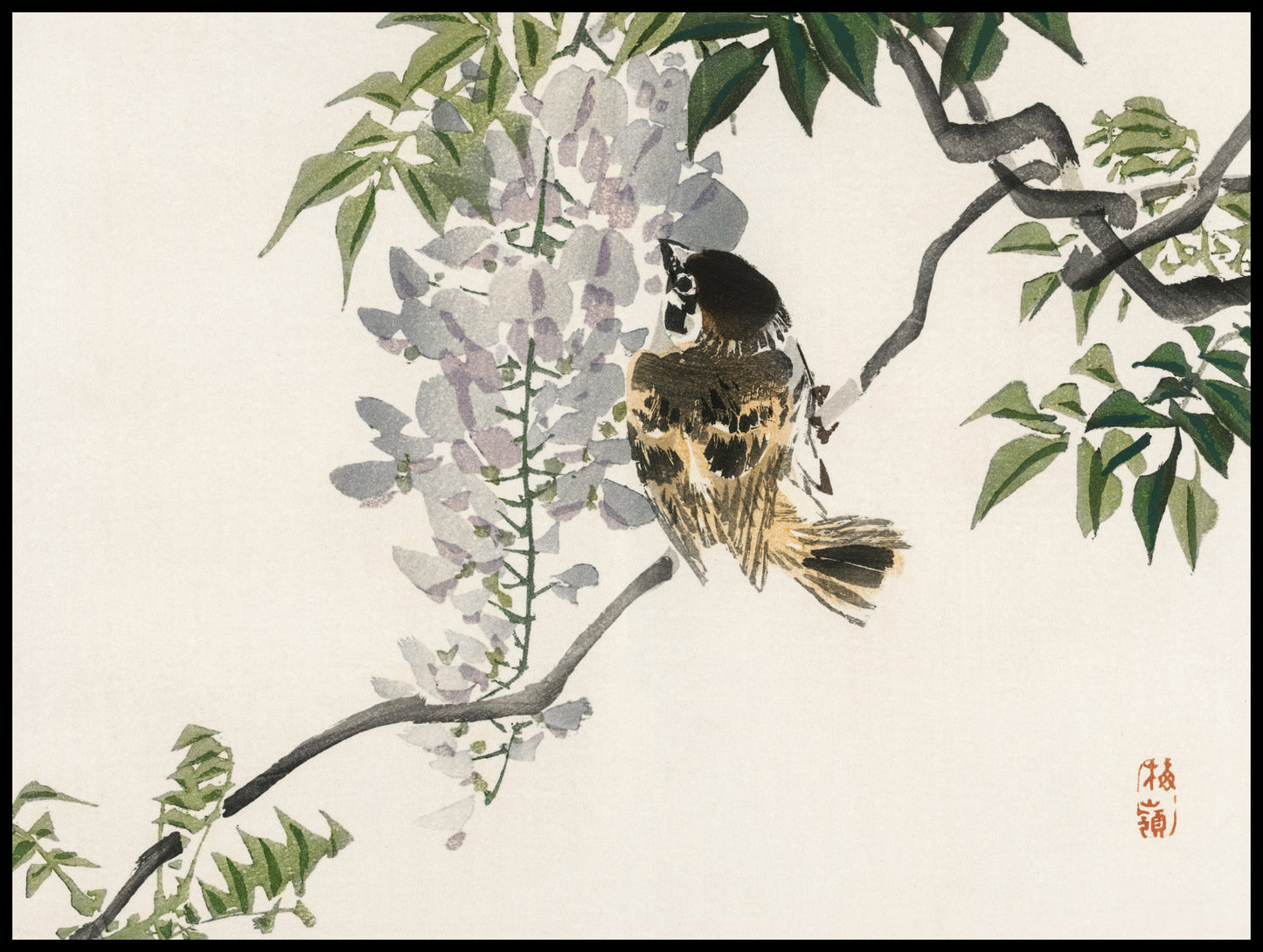 Plakat  Sparrow on a Branch, Kōno Bairei Japoński Vintage do Salonu