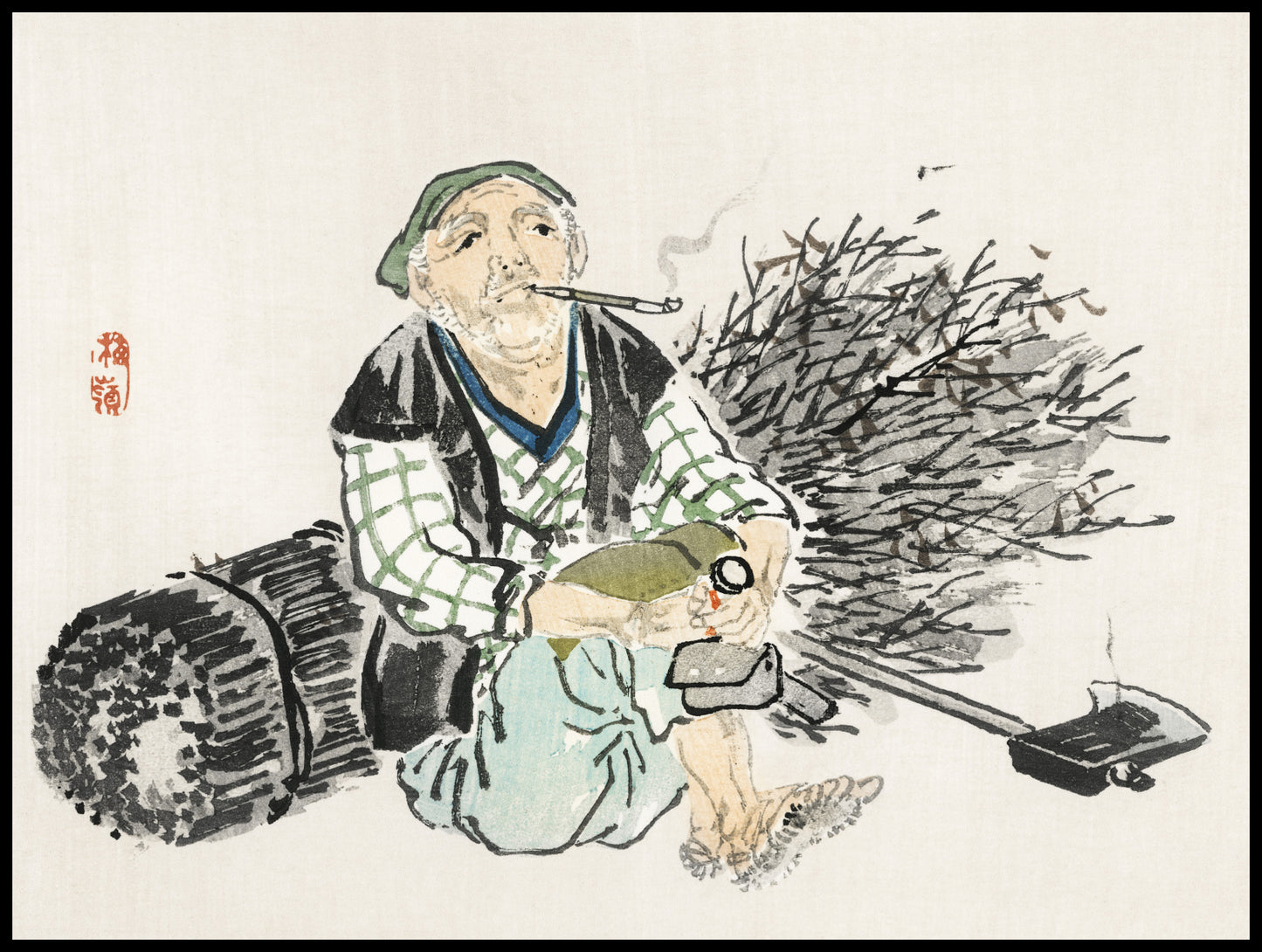 Plakat  Smoking Farmer,  Kōno Bairei Japoński Vintage do Salonu