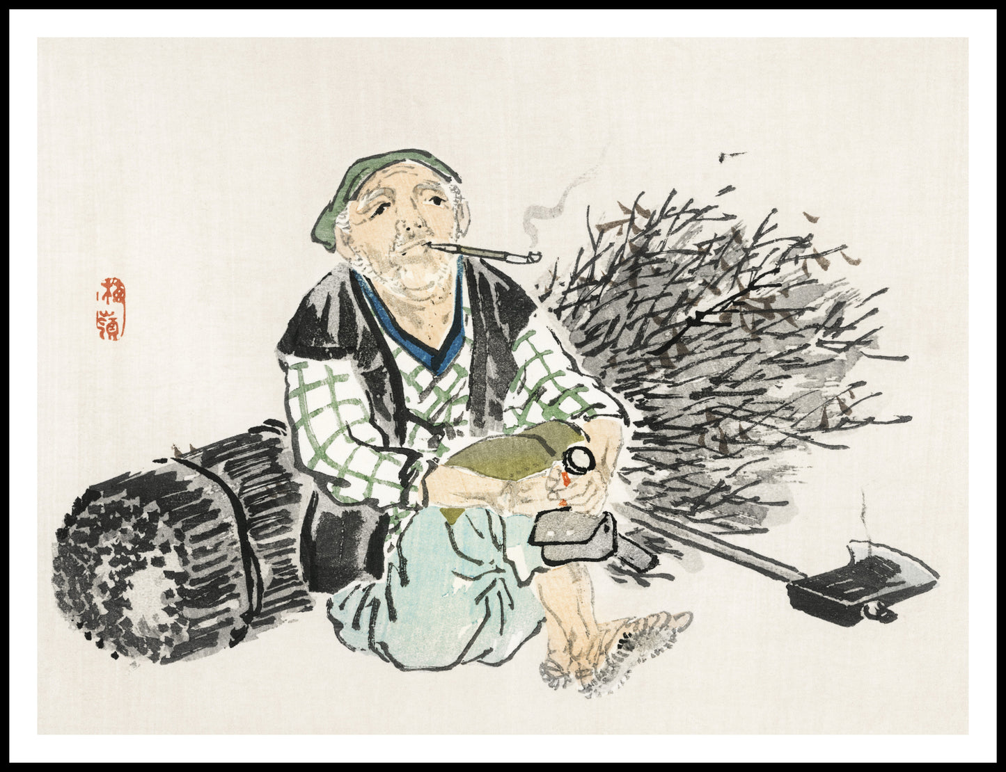 Plakat  Smoking Farmer,  Kōno Bairei Japoński Vintage do Salonu