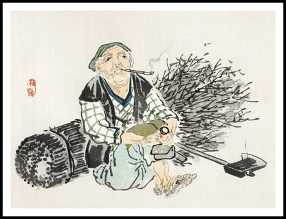 Plakat  Smoking Farmer,  Kōno Bairei Japoński Vintage do Salonu