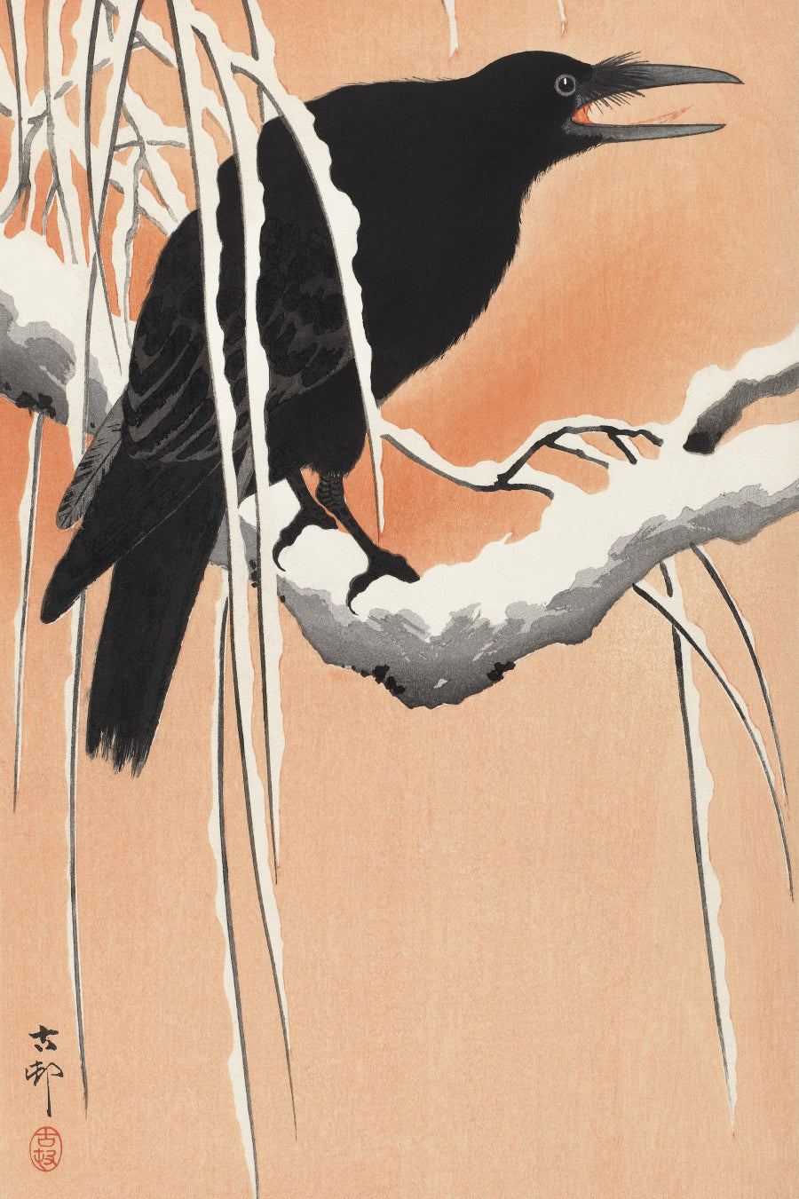 Plakat  Crow on Snowy Branch, Koson Japoński Vintage do Salonu