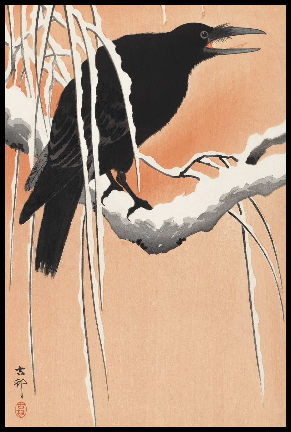 Plakat  Crow on Snowy Branch, Koson Japoński Vintage do Salonu