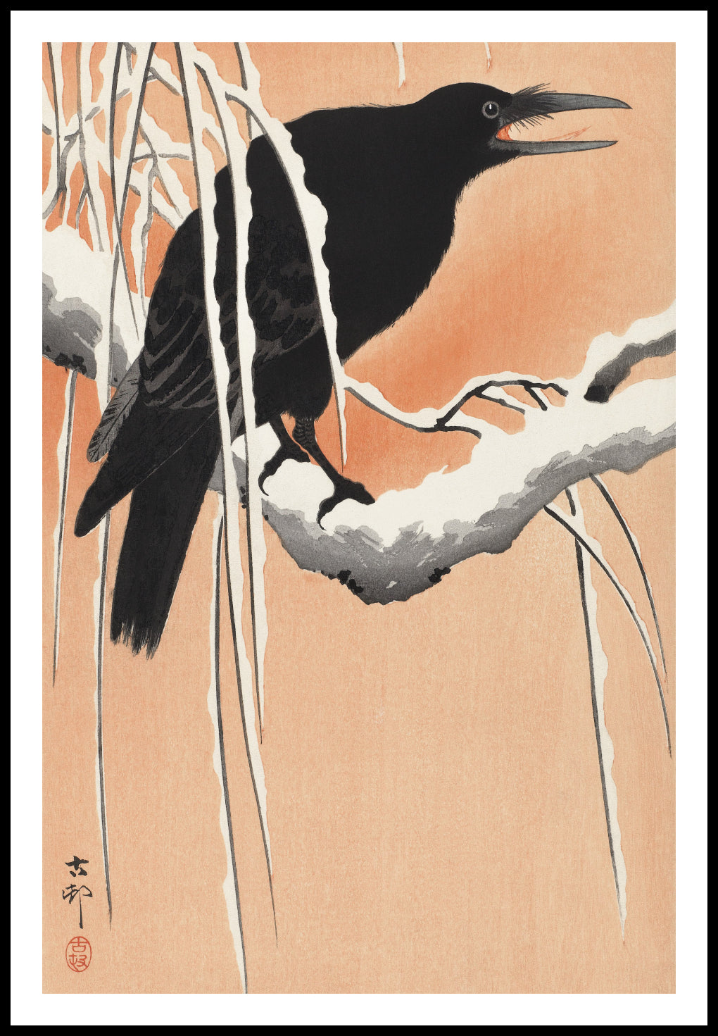Plakat  Crow on Snowy Branch, Koson Japoński Vintage do Salonu