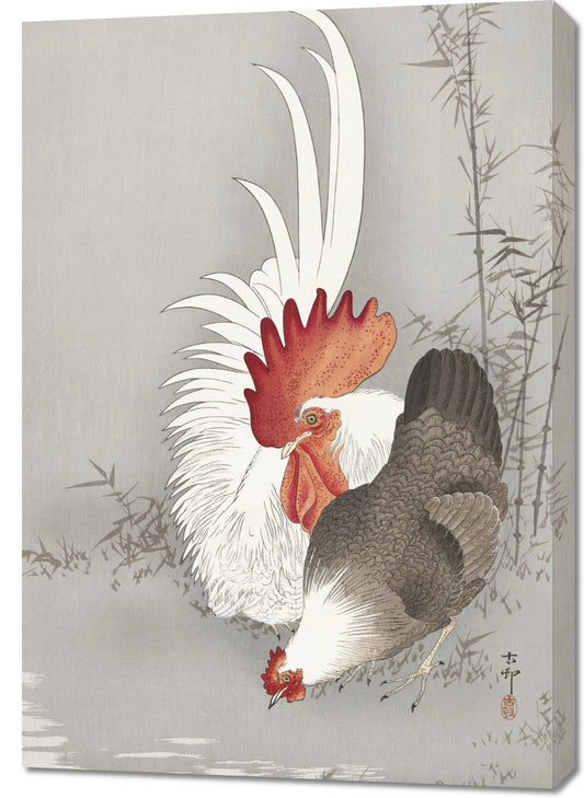 Obraz  Rooster and Chicken, Koson Japoński Vintage do Salonu