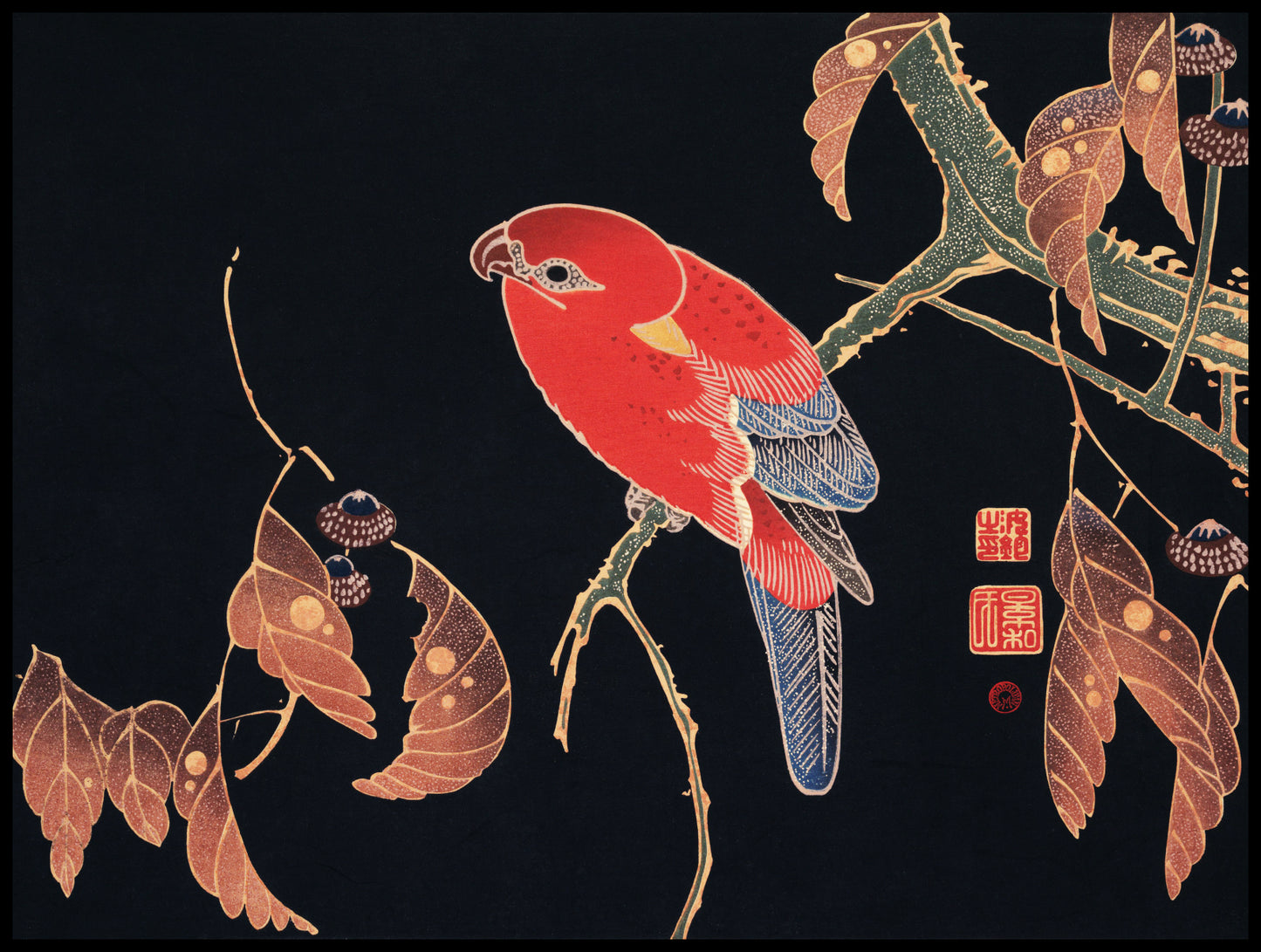 Plakat  Red Parrot, Jakuchu Japoński Vintage do Salonu