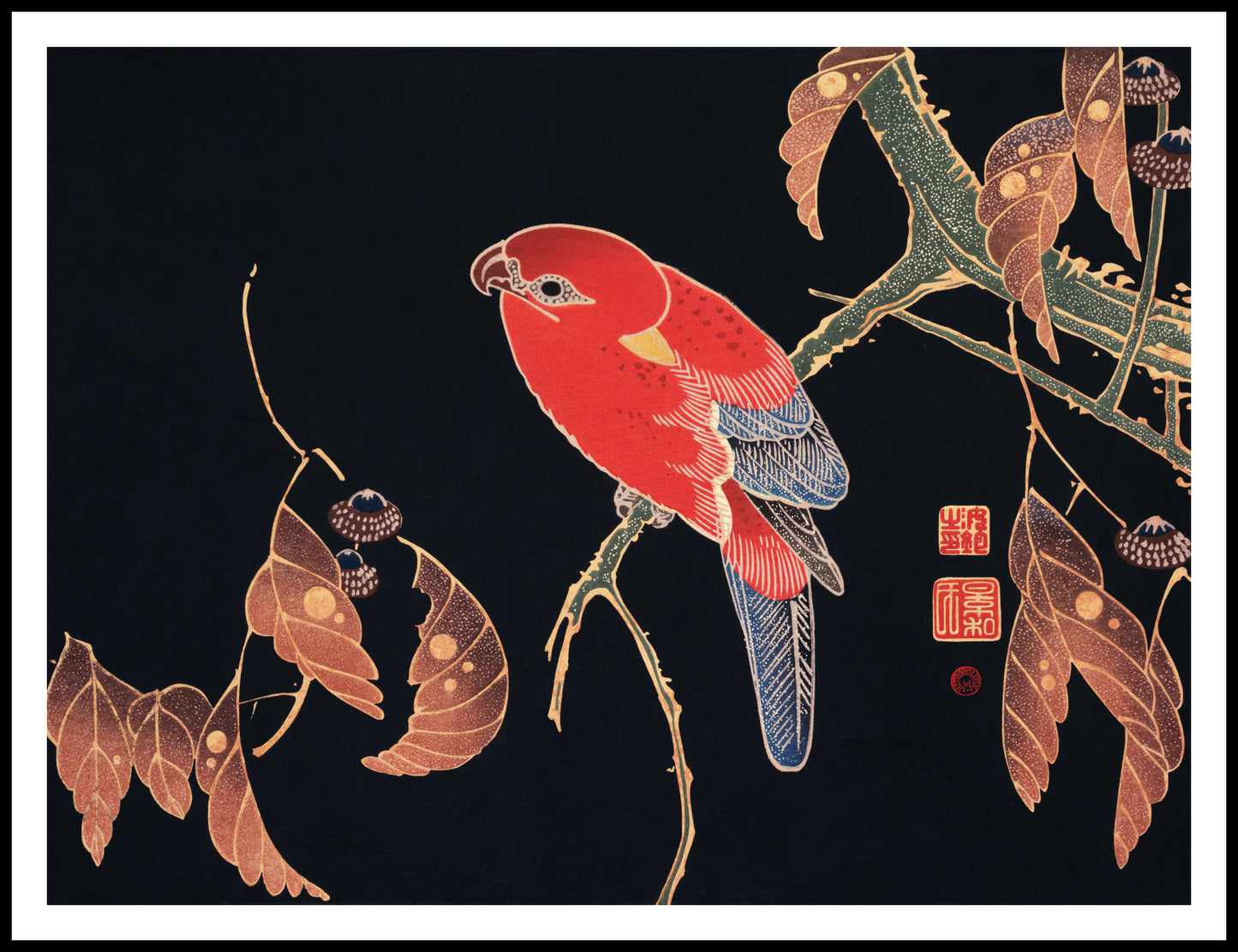 Plakat  Red Parrot, Jakuchu Japoński Vintage do Salonu