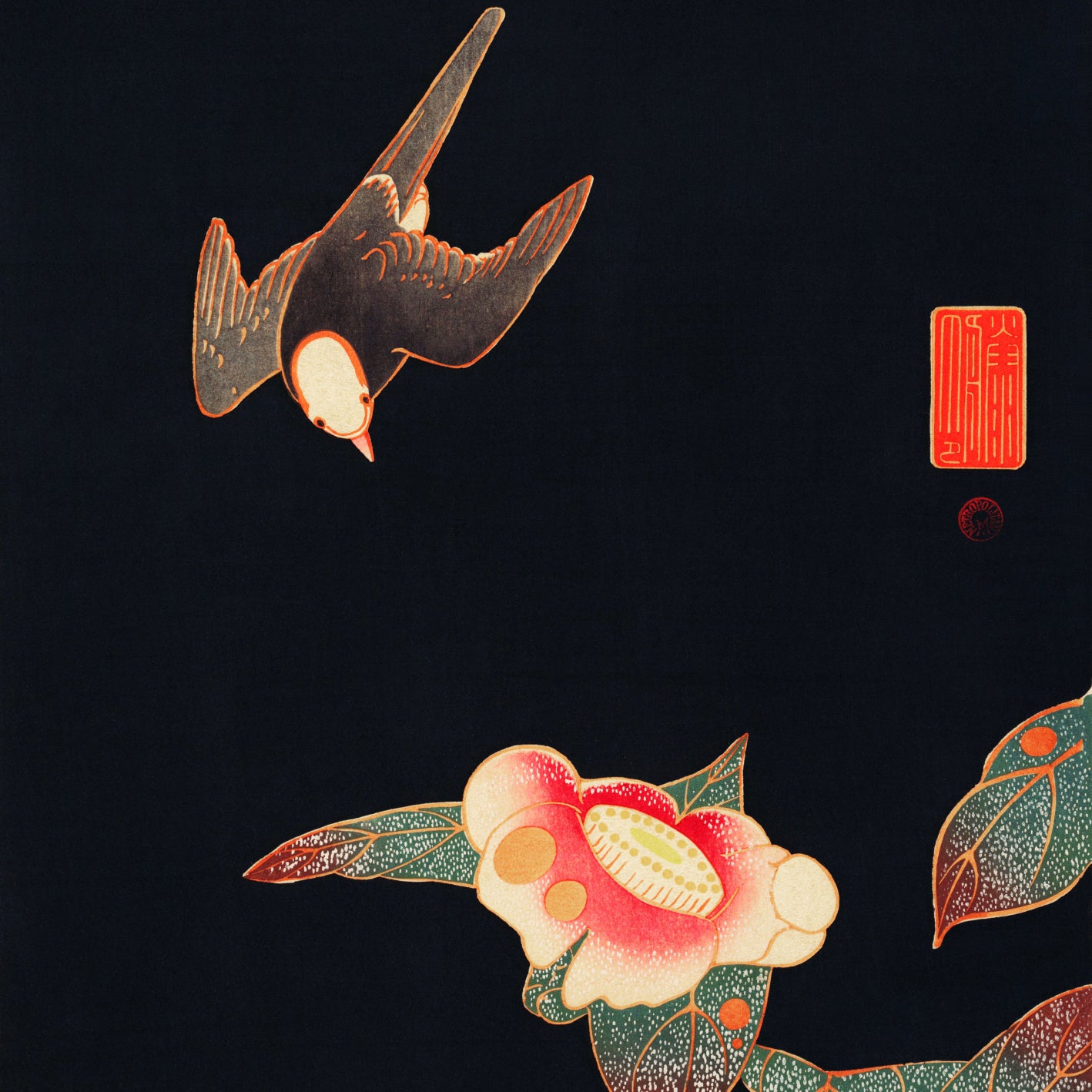 Plakat  Swallow and Camellia, Jakuchu Japoński Vintage