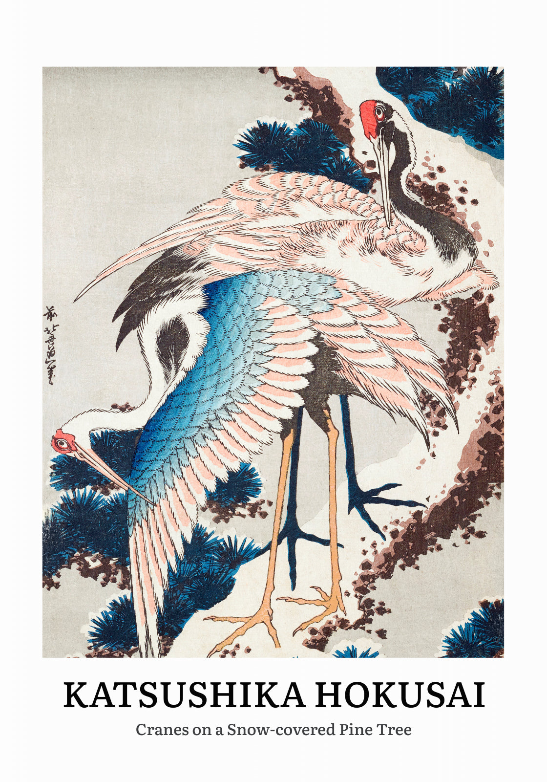 Plakat Katsushika Hokusai – Cranes on a Snow-covered Pine Tree