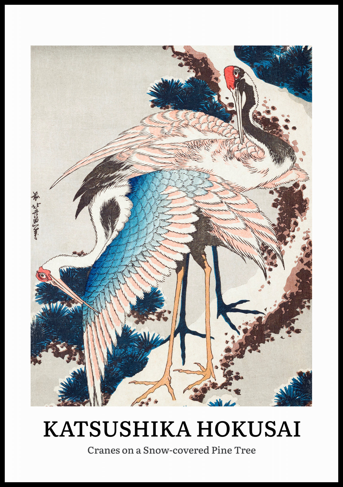 Plakat Katsushika Hokusai – Cranes on a Snow-covered Pine Tree