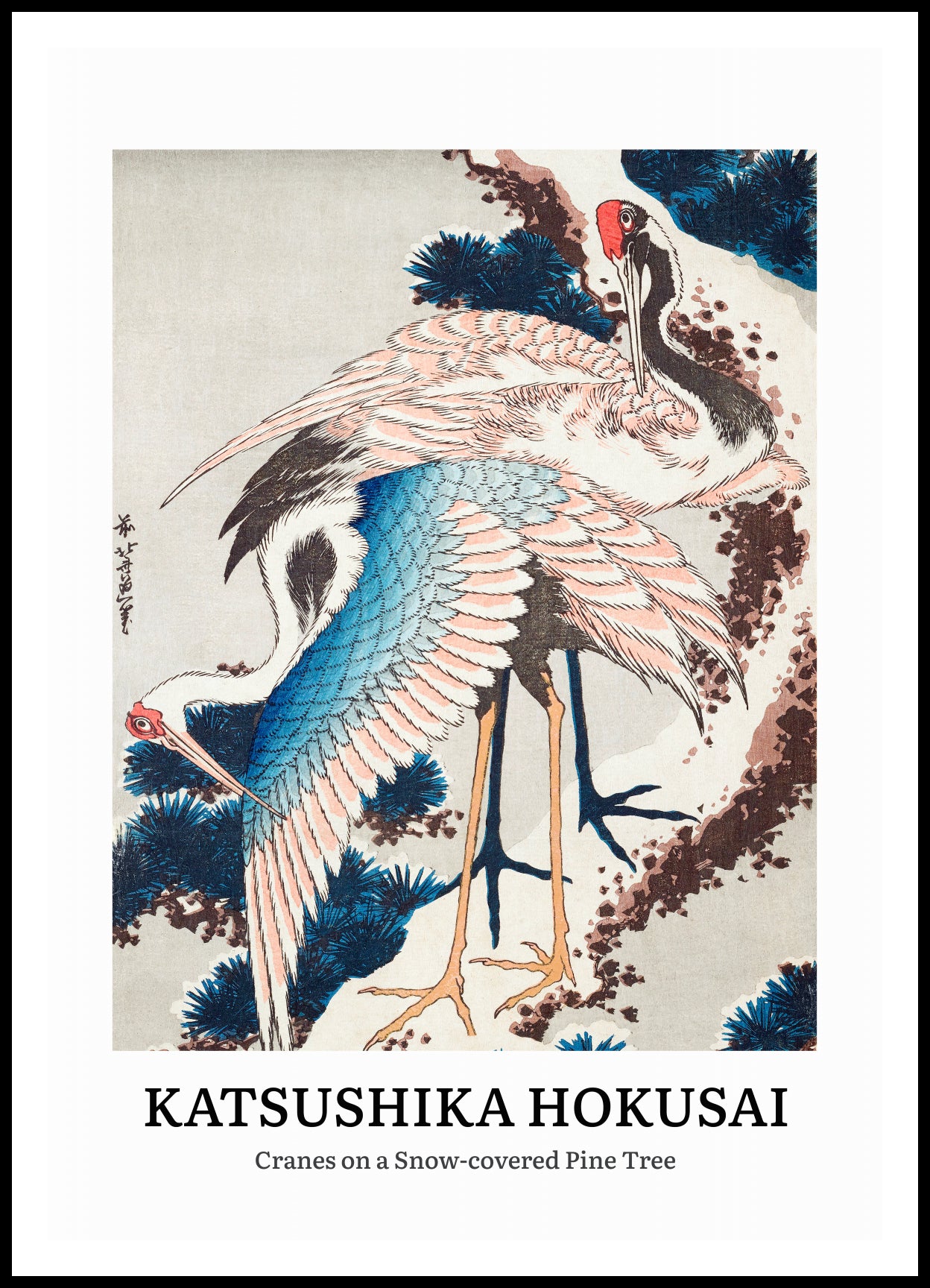 Plakat Katsushika Hokusai – Cranes on a Snow-covered Pine Tree