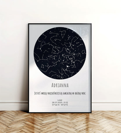 Mapa Gwiazd Personalizowany Plakat Mapa Nieba  Białe