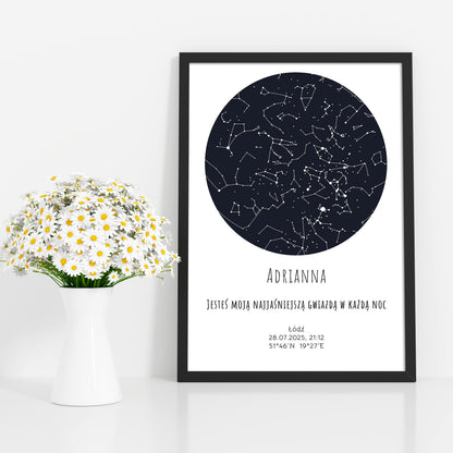 Mapa Gwiazd Personalizowany Plakat Mapa Nieba  Białe