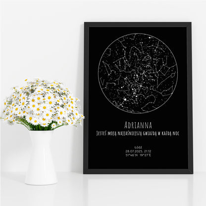 Mapa Gwiazd Personalizowany Plakat Mapa Nieba  Czarne