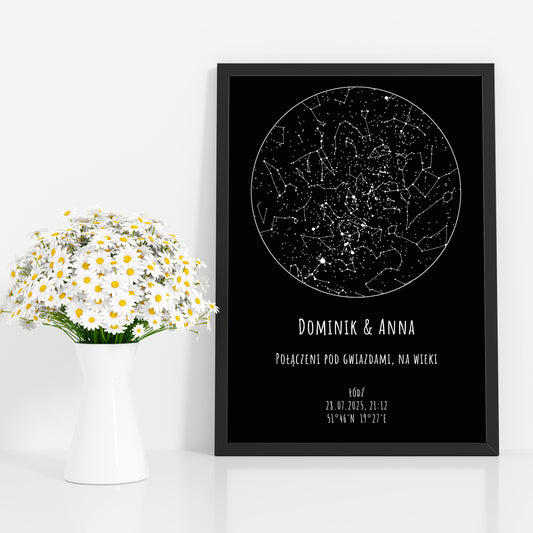 Mapa Gwiazd Personalizowany Plakat Mapa Nieba  Czarne Imiona