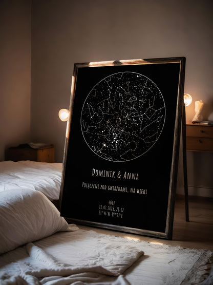 Mapa Gwiazd Personalizowany Plakat Mapa Nieba  Czarne Imiona