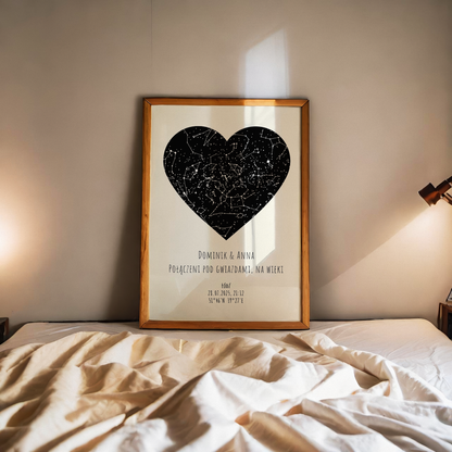 Mapa Gwiazd Personalizowany Plakat Mapa Nieba  Kremowe Serce