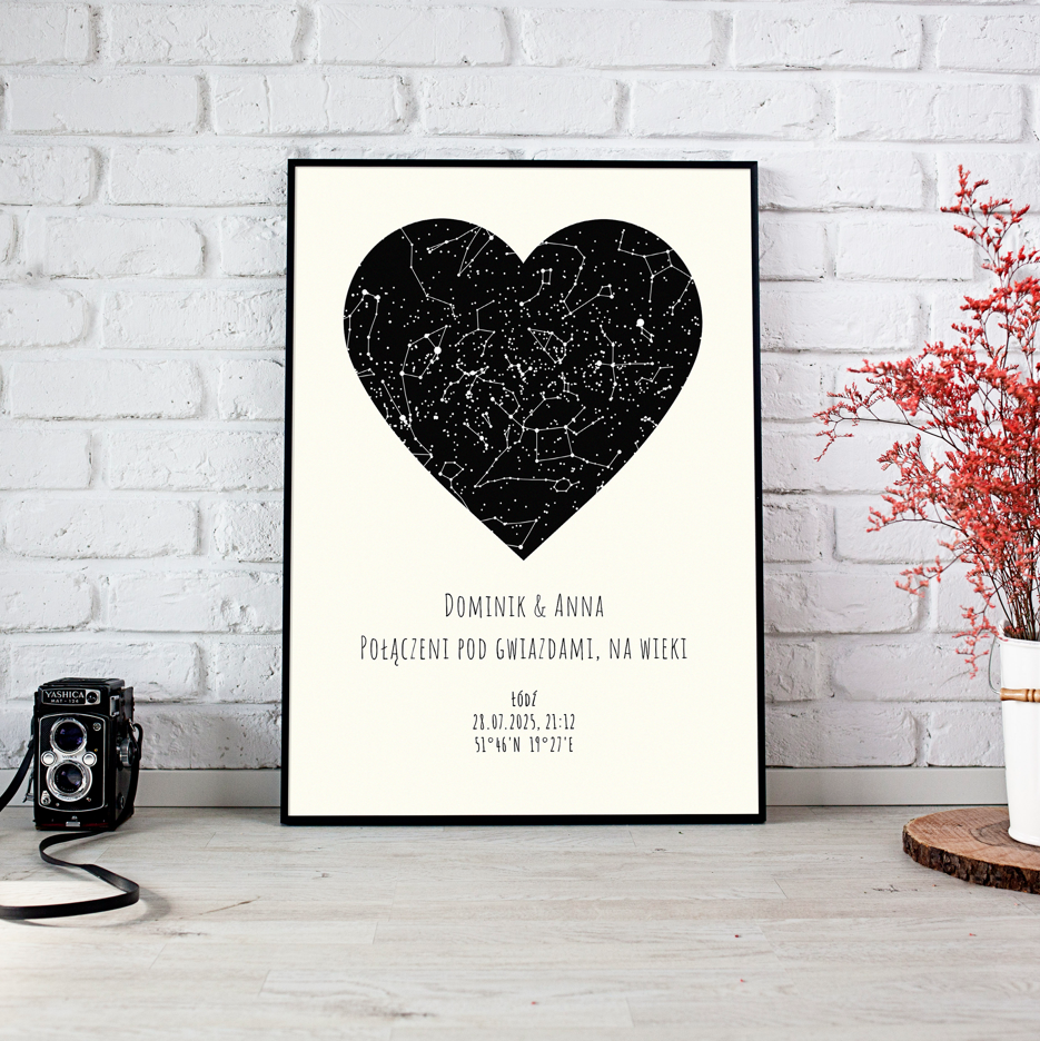 Mapa Gwiazd Personalizowany Plakat Mapa Nieba  Kremowe Serce