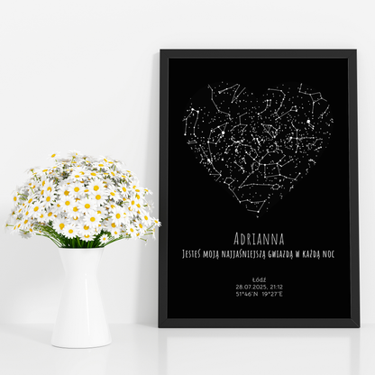 Mapa Gwiazd Personalizowany Plakat Mapa Nieba  Czarne Serce