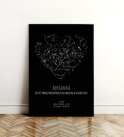 Mapa Gwiazd Personalizowany Plakat Mapa Nieba  Czarne Serce