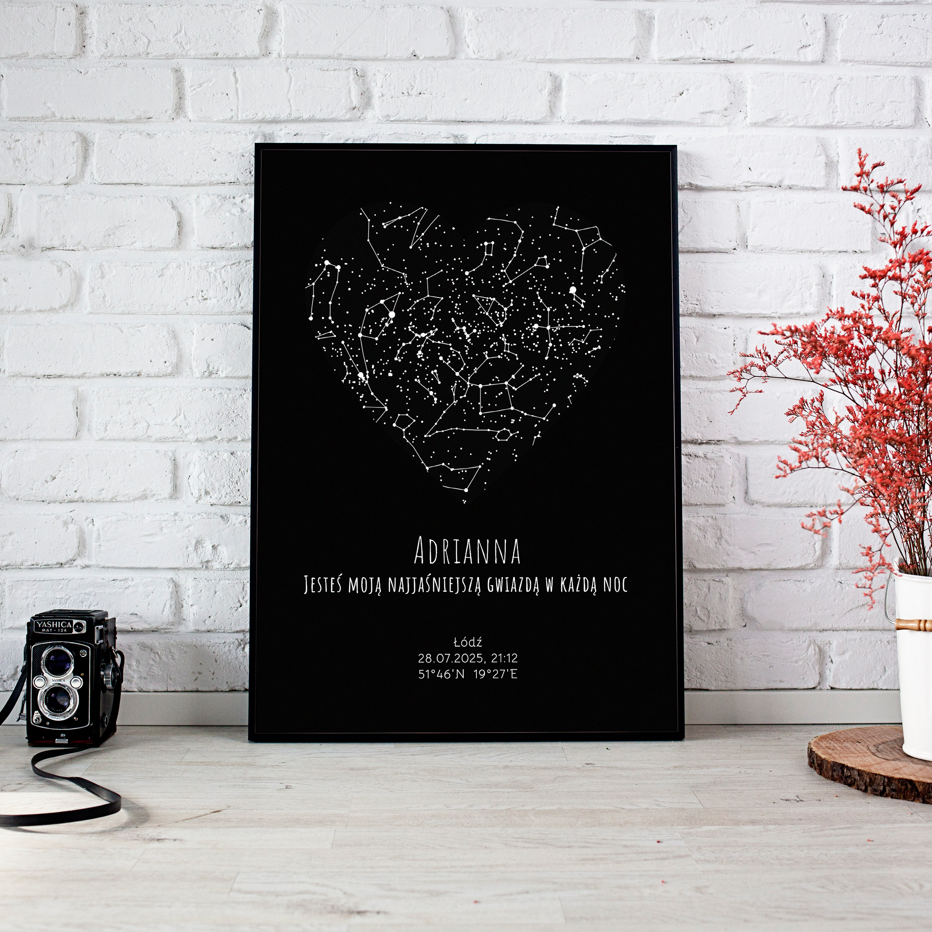 Mapa Gwiazd Personalizowany Plakat Mapa Nieba  Czarne Serce